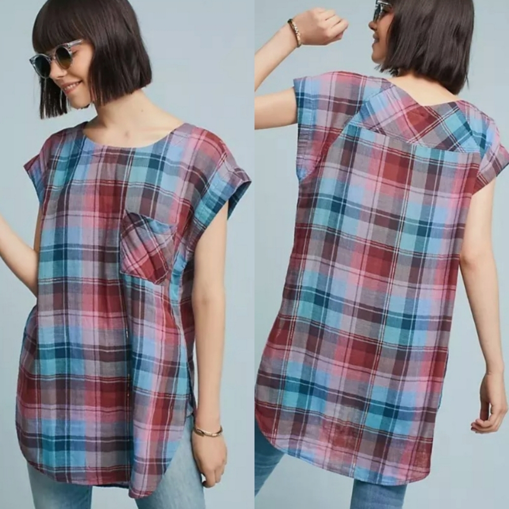 Anthropologie | Akemi + Kin | Gauzy Plaid Cap Sleeve Tunic
